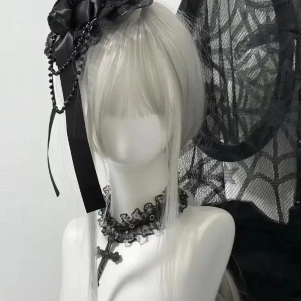 

Kawaii черный/белый цвет заколка для волос цепочка с бантом кружевная отделка головной убор Лолиты Y2K аксессуары для волос