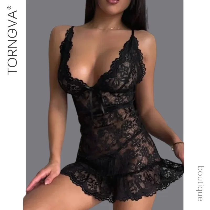 

Tornova Sleeping Skirt Sling Lace See-through Fashion Dress Body Shaping Hollow Out Pure Desire Women Elegant Intimate Pajamas