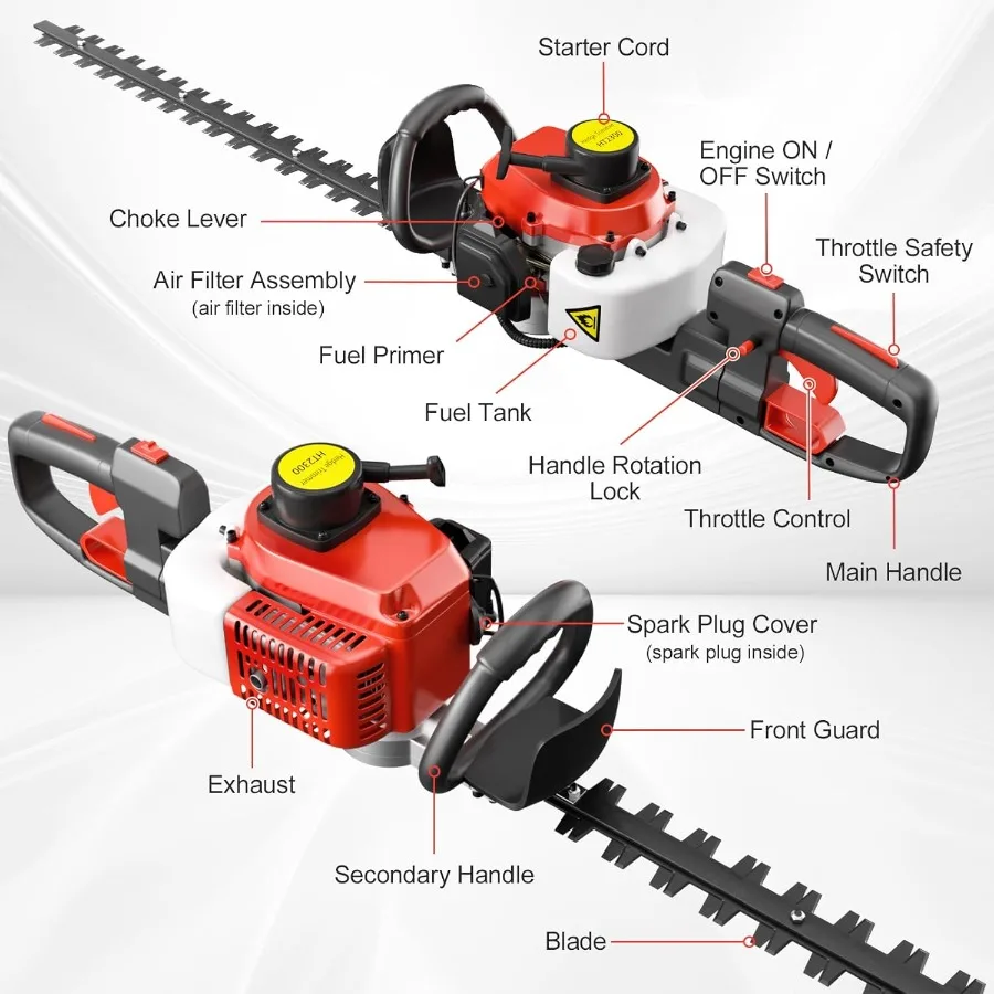 Aparador de sebes dupla face movido a gás de 24 polegadas 26cc 2 ciclos laranja
