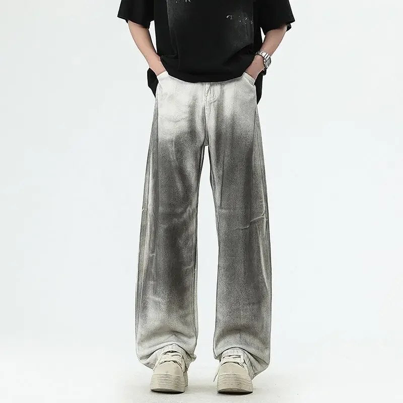 

Мужские простые повседневные белые джинсы в уличном стиле, свободные прямые широкие брюки больших размеров, модные повседневные универсальные длинные брюки