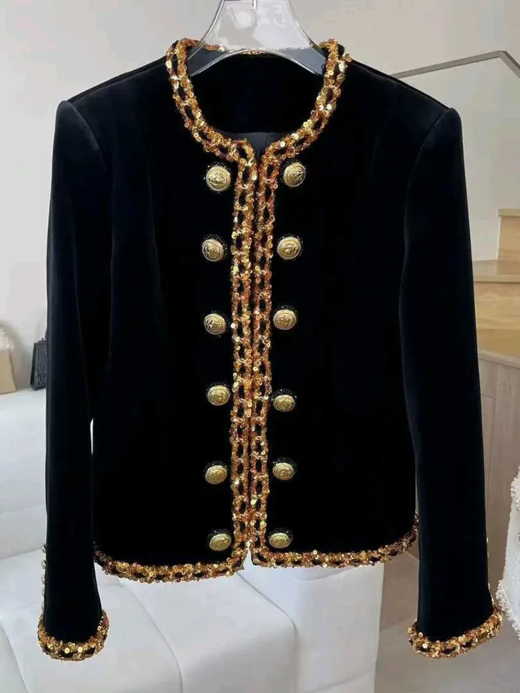 Black Chain Woven Sequin Short Jacket Women 2024 New Autumn Heavy Industry Diamond Studded Western-style Suit