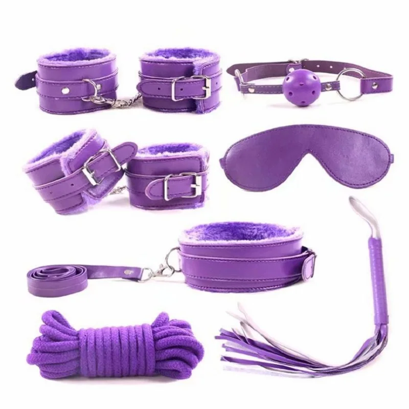 7pcs/Sexy Leather Nylon BDSM Kits Plush Sex Bondage Gear Handcuff Sex Game Whip Gag Adult Exotic Accessories Sex Toy for Couples