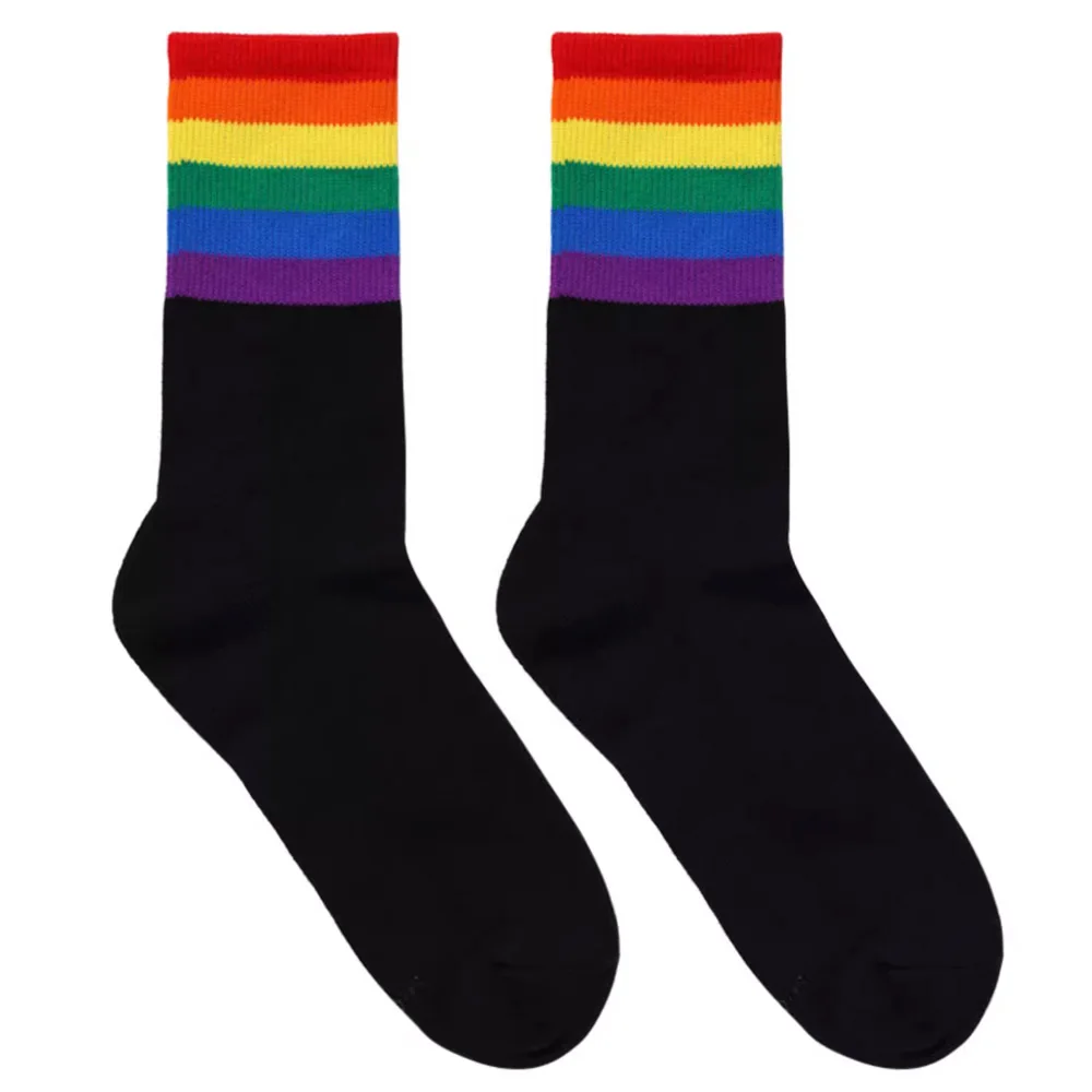 Men's White and Black Rainbow Rainbow Socks Sports Socks Medium Tall Casual Towel Bottom Cotton Socks