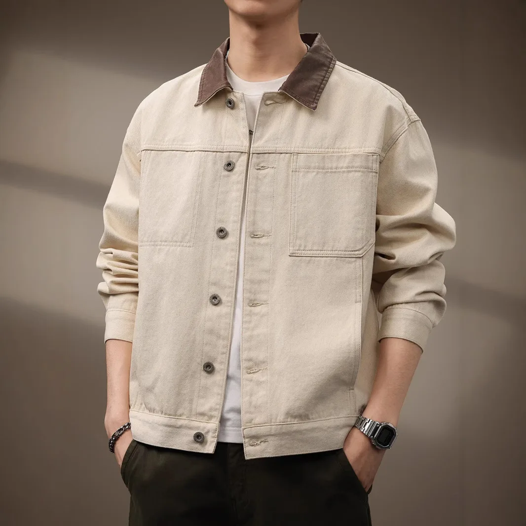 Vintage American Style Fashion Men Apricot Black Khaki Solid Color Simple Basic Trendy Cargo Jackets Male 2026 Spring New Coats