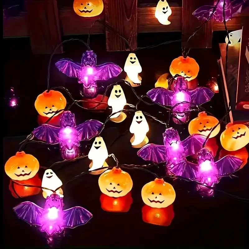 1PC LED Halloween Bat & Ghost & Pumpkin String Light Battery Powered For Home Bedroom Living Room Halloween Theme Party Decor