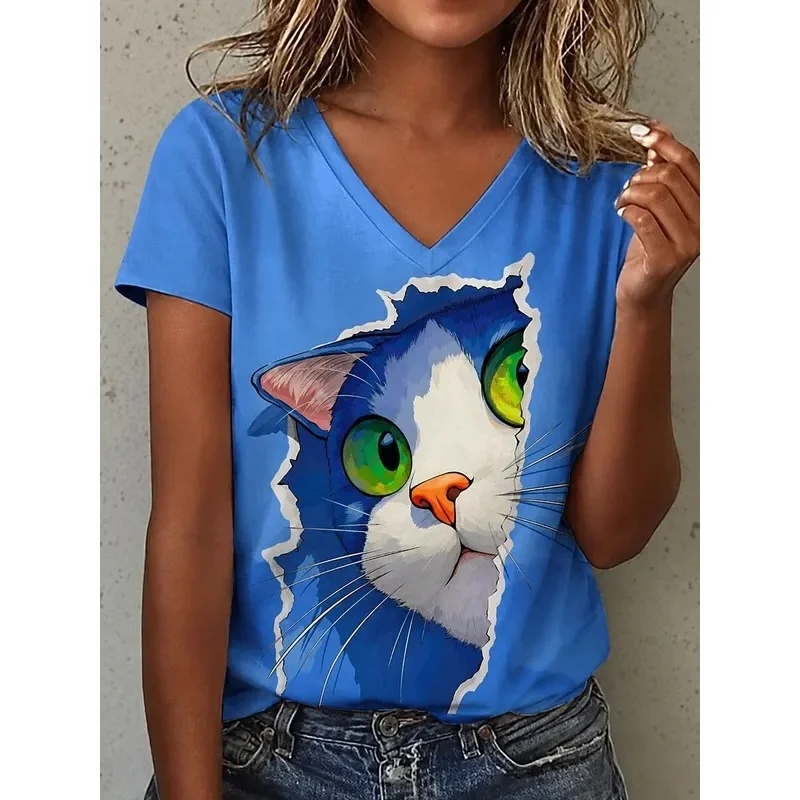Women's V-neck T-shirt with 3D print for spring/summer, design featuring a blue cat with big eyes and a paper frame.
