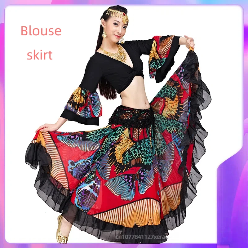 Conjunto de saia grande flor feminina para performance de dança do ventre, saia de dança do ventre de 720 graus, manga longa, conjunto de saia grande de balanço