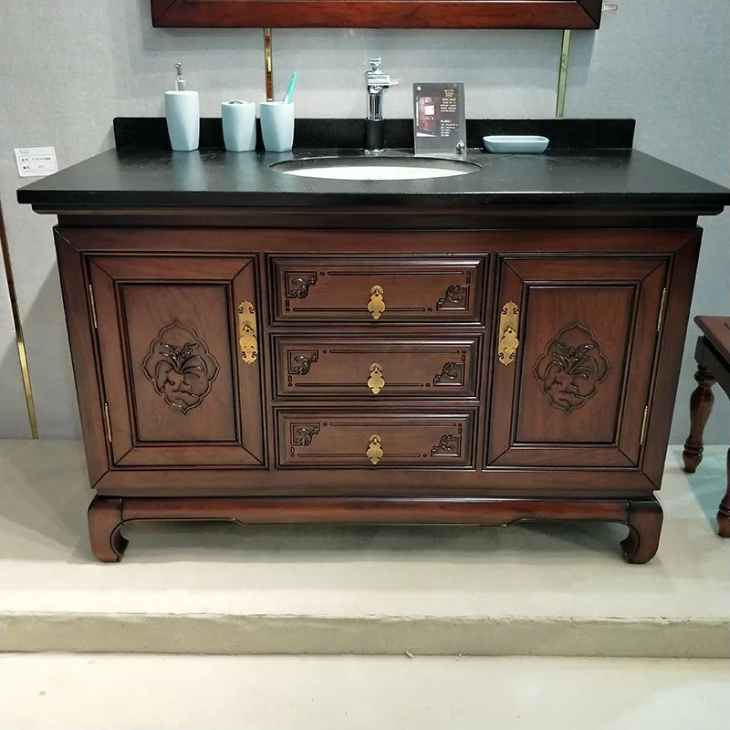 Factory Direct 2026 Top Rated New Chinese classical solid wood bathroom cabinet Floor-to-ceiling face  Combination bathroom