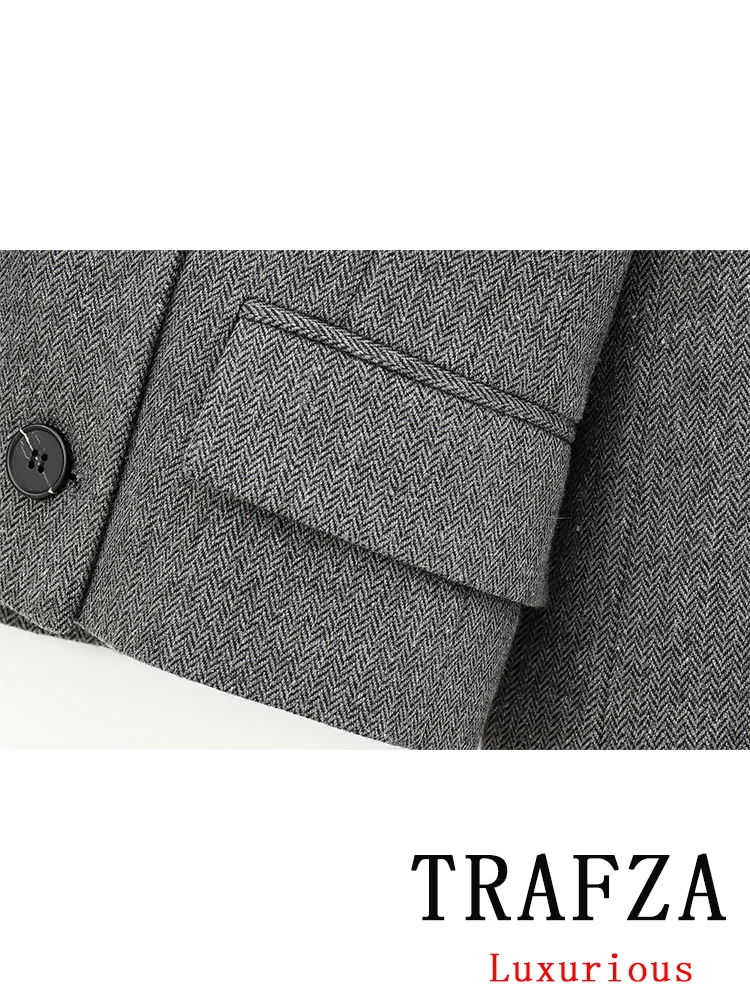 TRAFZA Vintage Casual Chic Women Solid Suit Long Sleeve Double Breasted Blazer Long Wide Pleated Skirt Fashion 2024 Autumn Sets