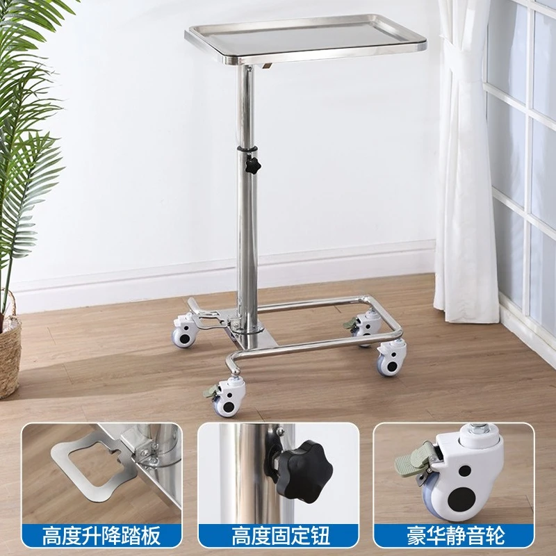 Pet Clinic Cer Stainless Steel Mayo Trolley with Adjus Height, Foot Operated Medical Instrument Tray Cart with Wheels