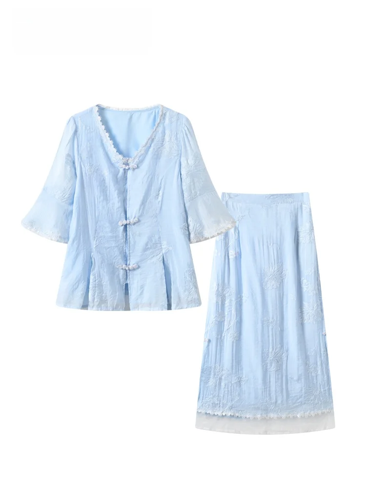 

New Chinese Style plus Size Women's Suit Set Spring Fashionable Slimming Top And Half Skirt Ensemble for Plump Sisters