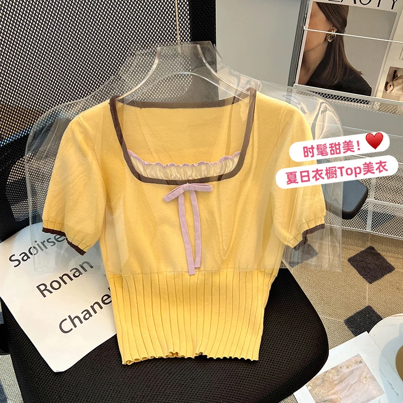 2024 Summer Stylish Sweater Women Knit T-shirt Pullover Short Sleeve Square Collar Bowtie Crop Tops Knitwear Fashion Chic Jumper