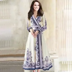 Design V-Neck Lantern Sleeve A-Line Dresses Kate Middleton Princess Print Dress Vintage