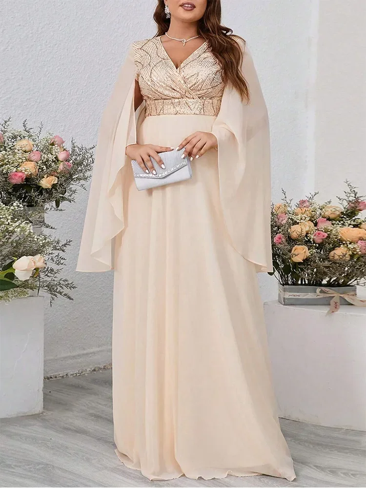 Plus Size V Neck  Sequin Loose Long Dress 5XL6XL Big Size Ruffled Black Chiffon Short Sleeve Summer Dress Women