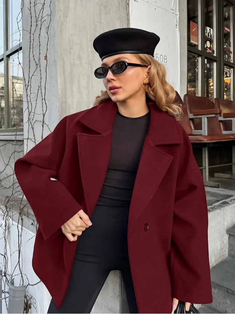 Casual rua feminino novo início do outono casacos rendas até lapela casaco de lã mulher cor sólida mangas compridas solto único botão casacos