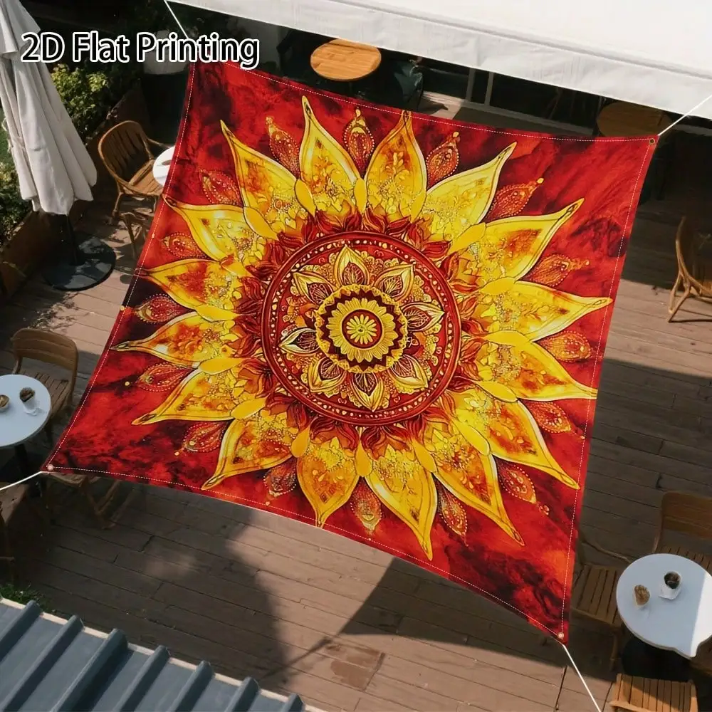 

1pc Bohemian Mandala Flower Canopy, White Mandala Print On Beige Fabric, All-Season Outdoor Sun Shade, Portable For Camping, Poolside, Easy Setup & Storage, Fixing Ropes Included, 2D Flat