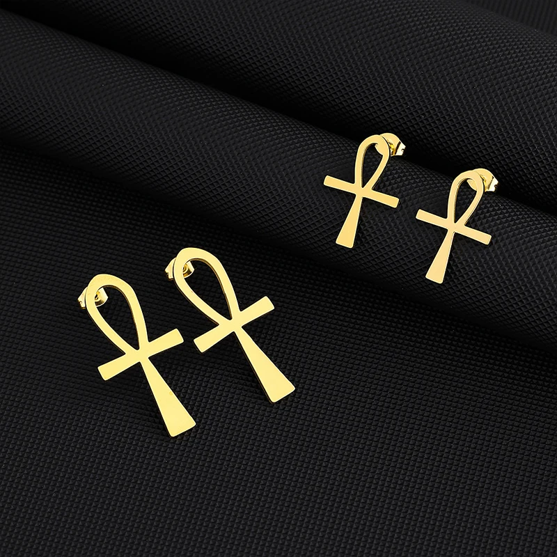 Immagine 4: Orecchini a croce Ankh lucidi in acciaio inossidabile, grandi e piccole dimensioni, gioielli unisex per coppie per uomini e donne, orecchini con simbolo egiziano