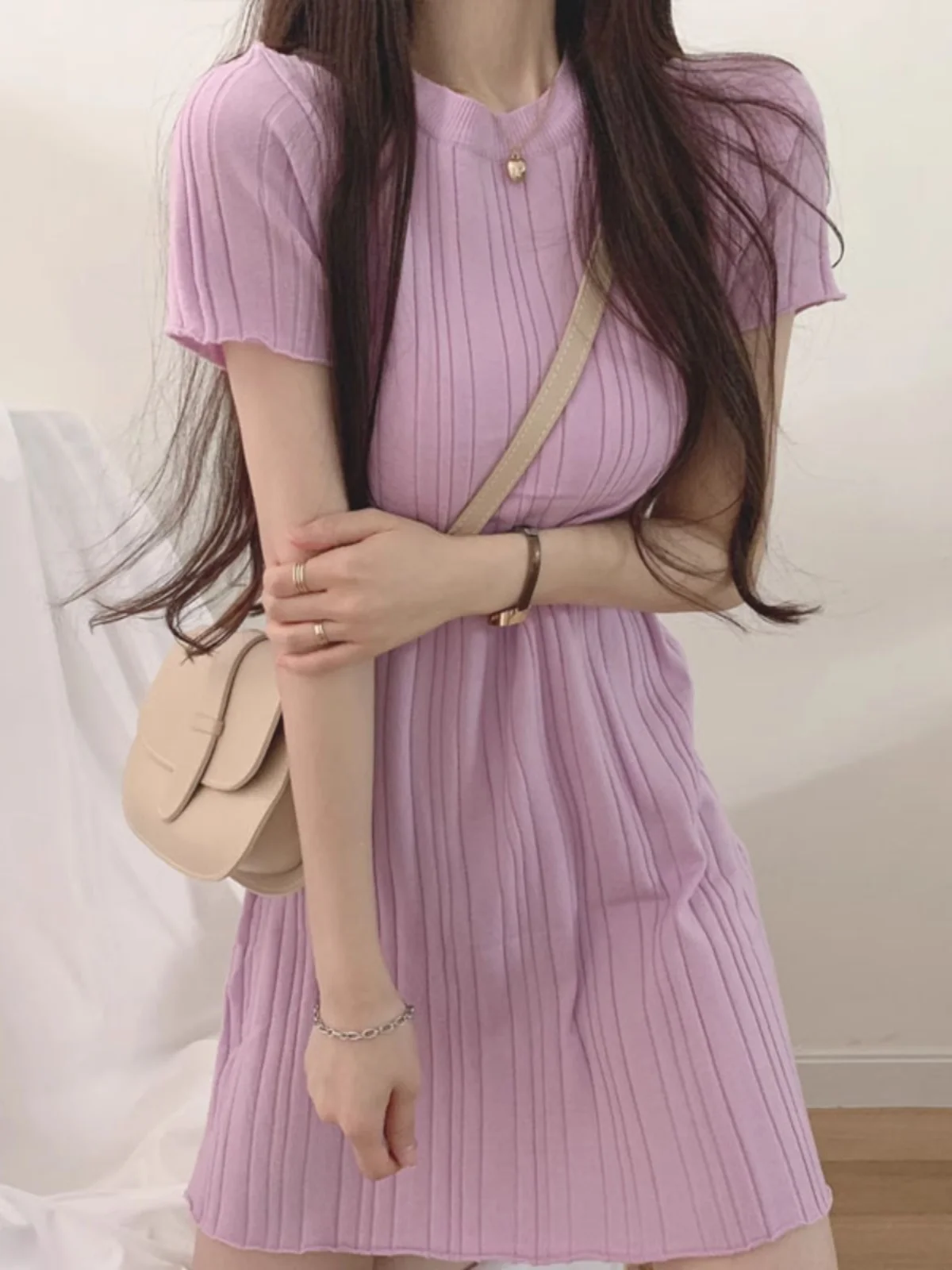 

Chic Knitted A-Line Midi Dr ort Sve round Ne Summer New Sle for Women Commute Sle Korean Version Slim Fit Bodycon