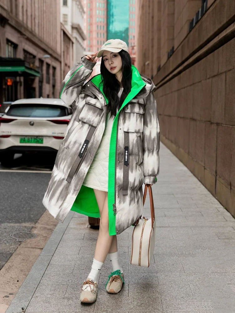 الشتاء طويل التدرج التعادل صبغ مقنعين أسفل سترة باركر الإناث الأبيض بطة أسفل الركبة طول السترات النساء سميكة مبطن أبلى #2