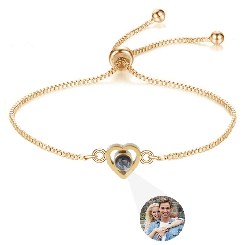 Personalisiertes Foto-Armband mit Bild im Inneren, 100 Sprachen 'Ich Liebe Dich' Projektions-Armband aus Edelstahl