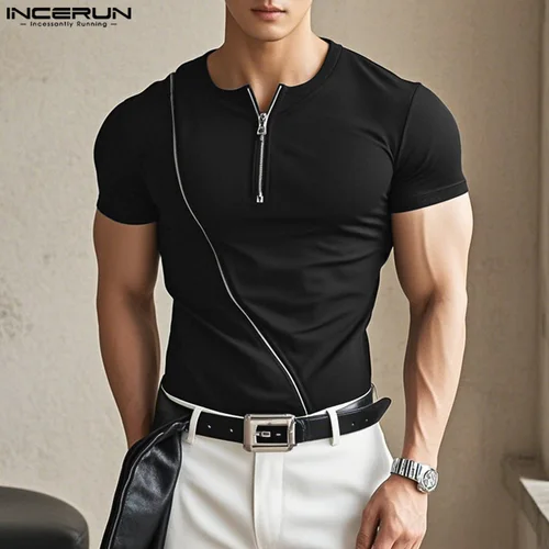 Tops de estilo informal a la moda INCERUN, Camiseta con diseño de media cremallera de Color sólido para hombre, Camiseta de manga corta para hombre guapo de verano, S-5XL