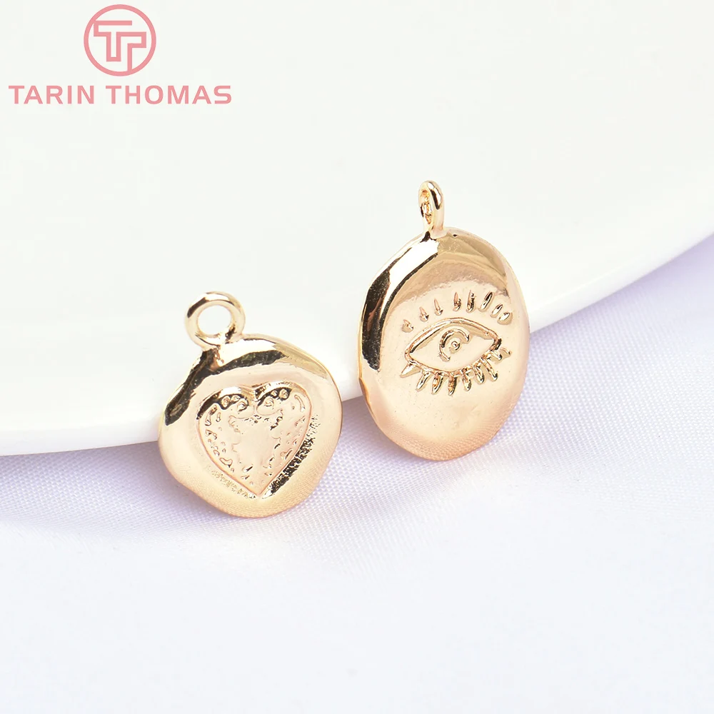 (5673)6PCS 24K Gold Color Brass Irregular Edge Heart-shaped Charms Eye Pattern Pendants High Quality DIY Jewelry Making Findings