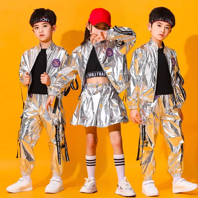 Hip Hop Boys Silver Jacket Girls Jazz Jogger Pants Street Dance Mini Skirt Clothes Sets Kids Sequin Costumes Child Streetwear