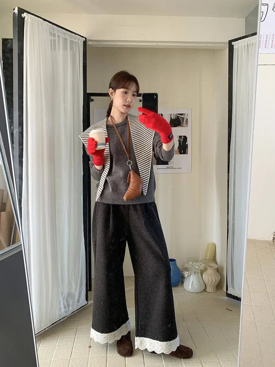 

Linyunyun Winter Lace Splice Soft Fce Wide Leg Pants Women's High Waist Straight Cut Commute Sle Korean Faion