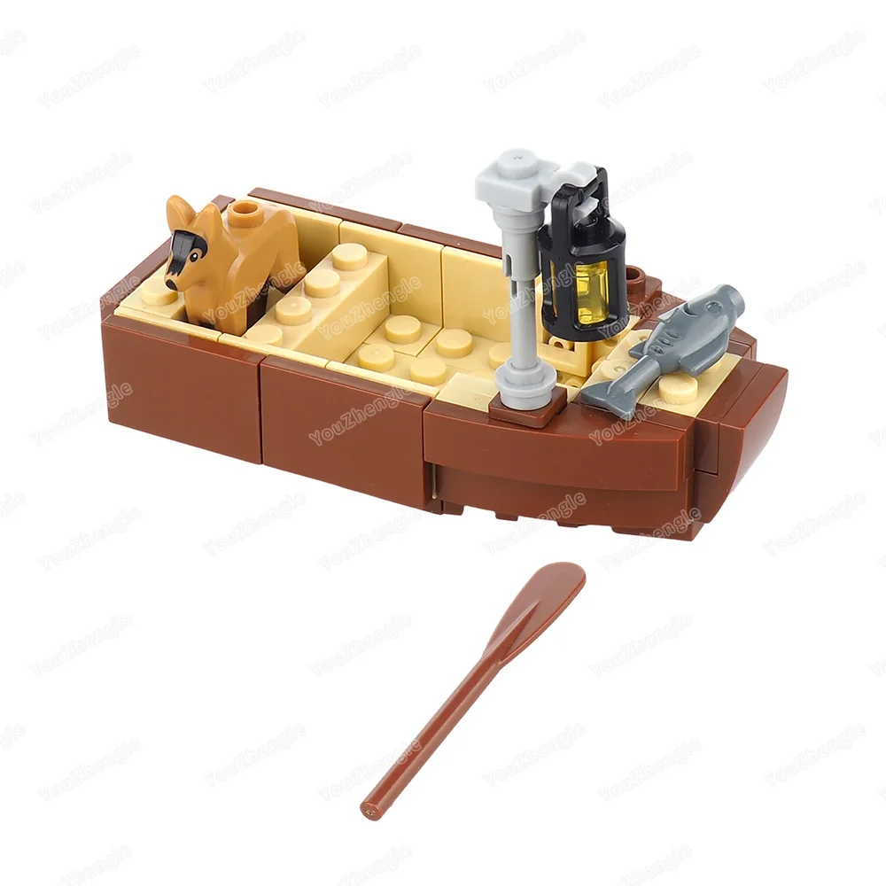 Bloc de construction de bateau en bois à rame unique, figurines MOC, lanterne de pêche pour chien de compagnie, équipement de scène assortie, modèle de lieu, jouet cadeau