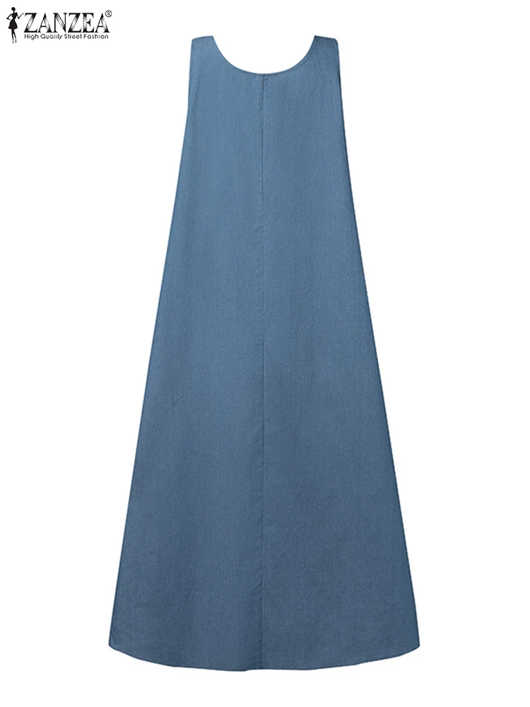 2024 ZANZEA Vintage Sleeveless Denim Blue Vestidos Robe Femme Summer Overalls Dress Muslim Abaya Women Casual Loose Sundress