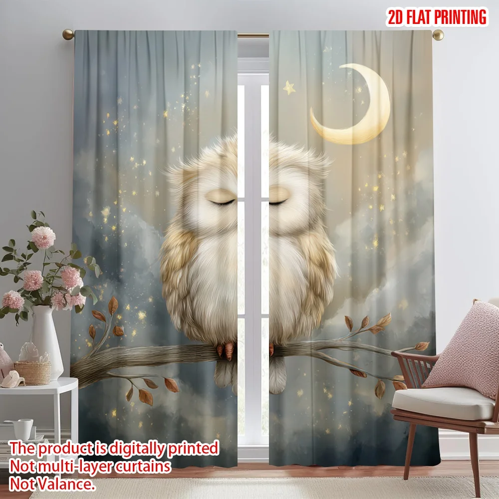 

2D flat printing 2pcs Drapes Sleeping Owl Under Moon Digital Printed Polyester Drapes Family Party Decoration Perfect for Indoor