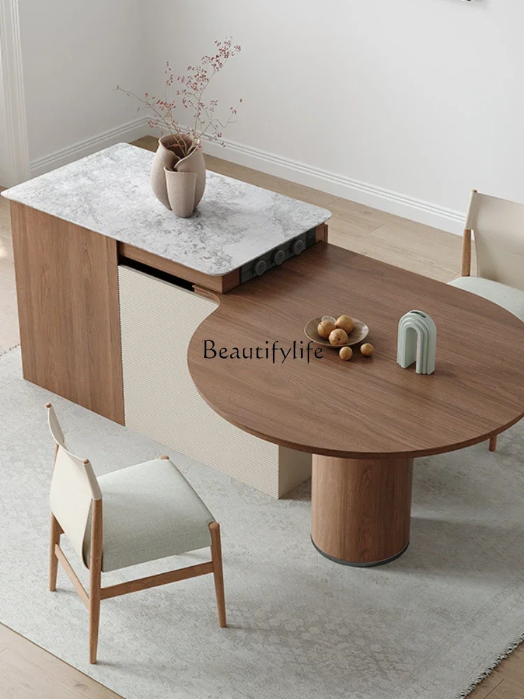 Island table integrated retractable marble black walnut wood grain light luxury