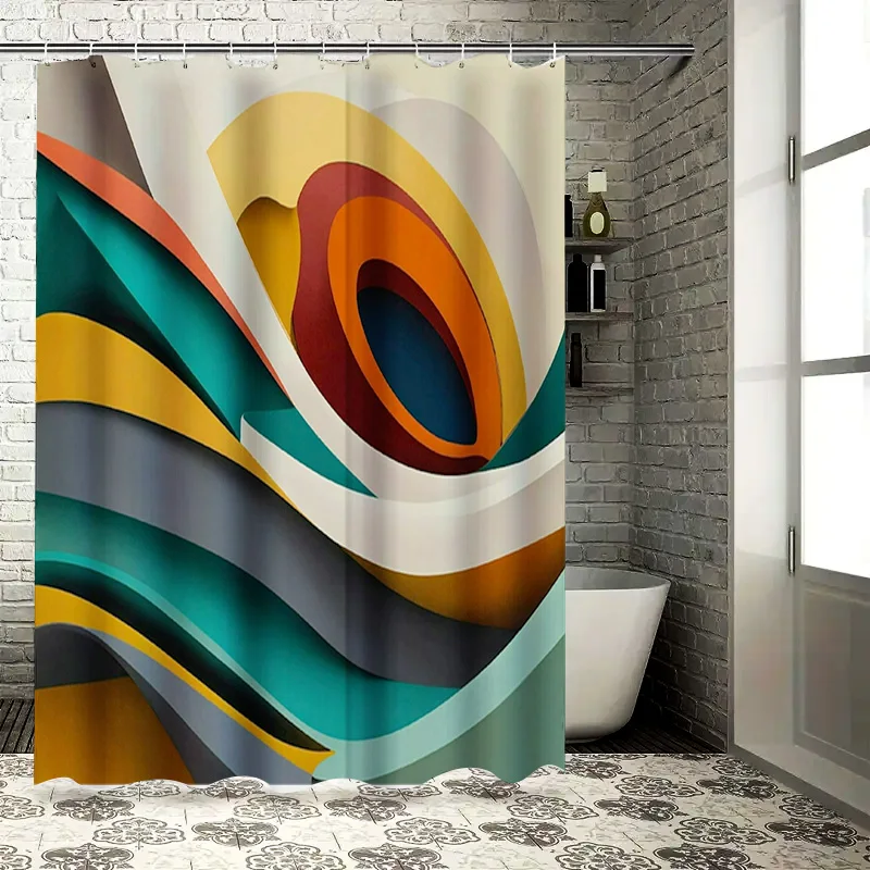 

Абстрактная красочная современная занавеска для душа, водонепроницаемая ткань с кольцами для украшения ванной комнаты, зеленые, желтые, оранжево-белые волны