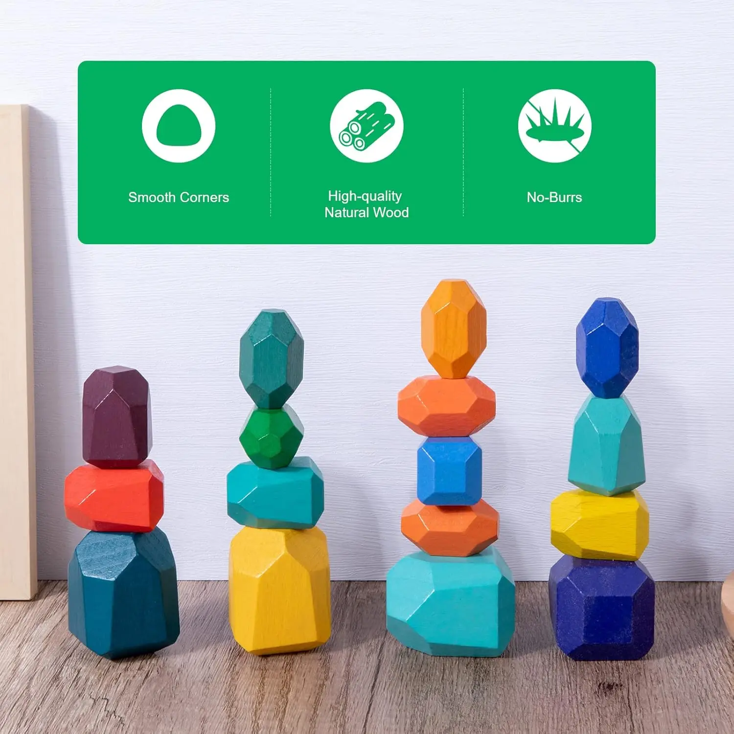 خشبية قوس قزح التراص الحجارة 16 قطعة فرز الخشب موازنة الصخور كتل مونتيسوري ألعاب تعليمية للأطفال الصغار 3 سنوات فما فوق