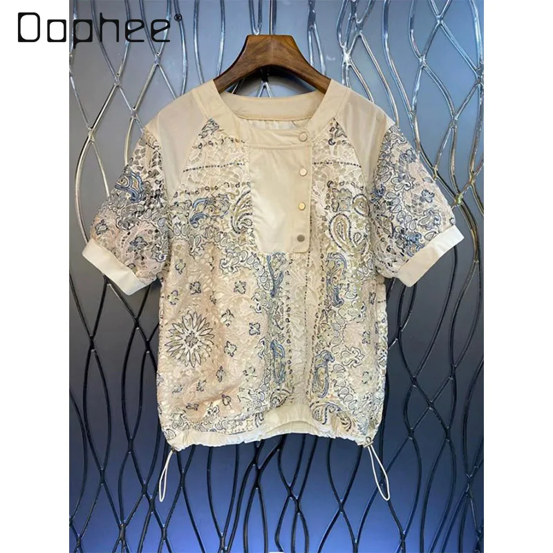 

Court Style Retro Embroidery Round Neck Short-sleeved Shirt Summer New Commuter Style Fashion Loose Casual Blouse Women Top
