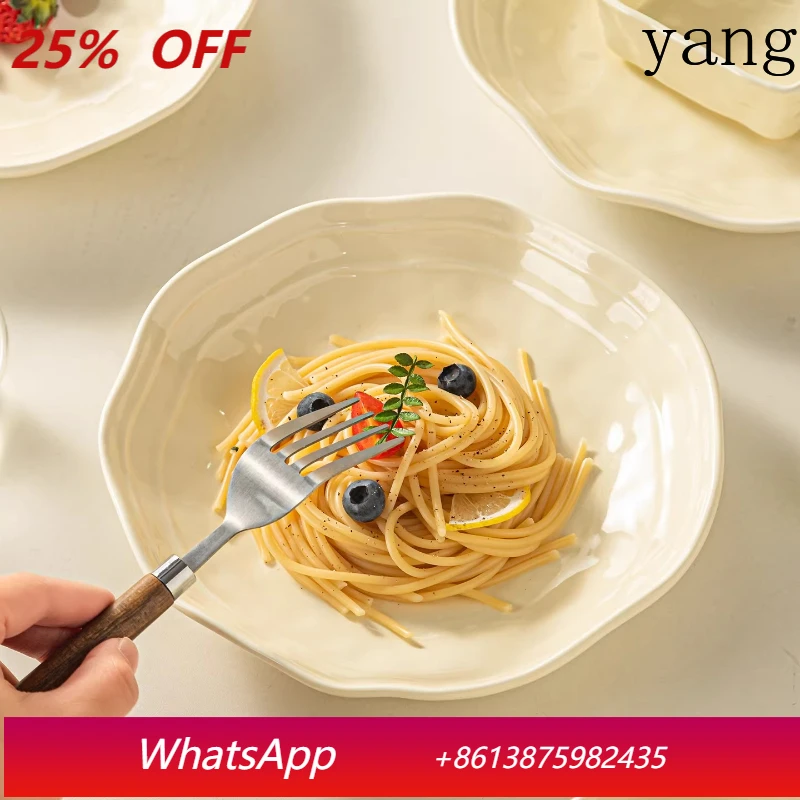 

LTT Cream Wind Ceramic Bowl Plate Household Simple Dinner Plate Fruit Salad Dessert Plate