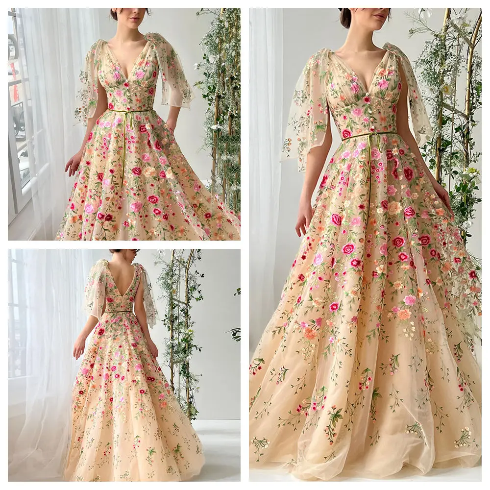

customized V-Neck A-Line Evening Dresses Sleeveless Backless colourful Flower Lace Appliques Tulle Long birthday Prom Party Dres