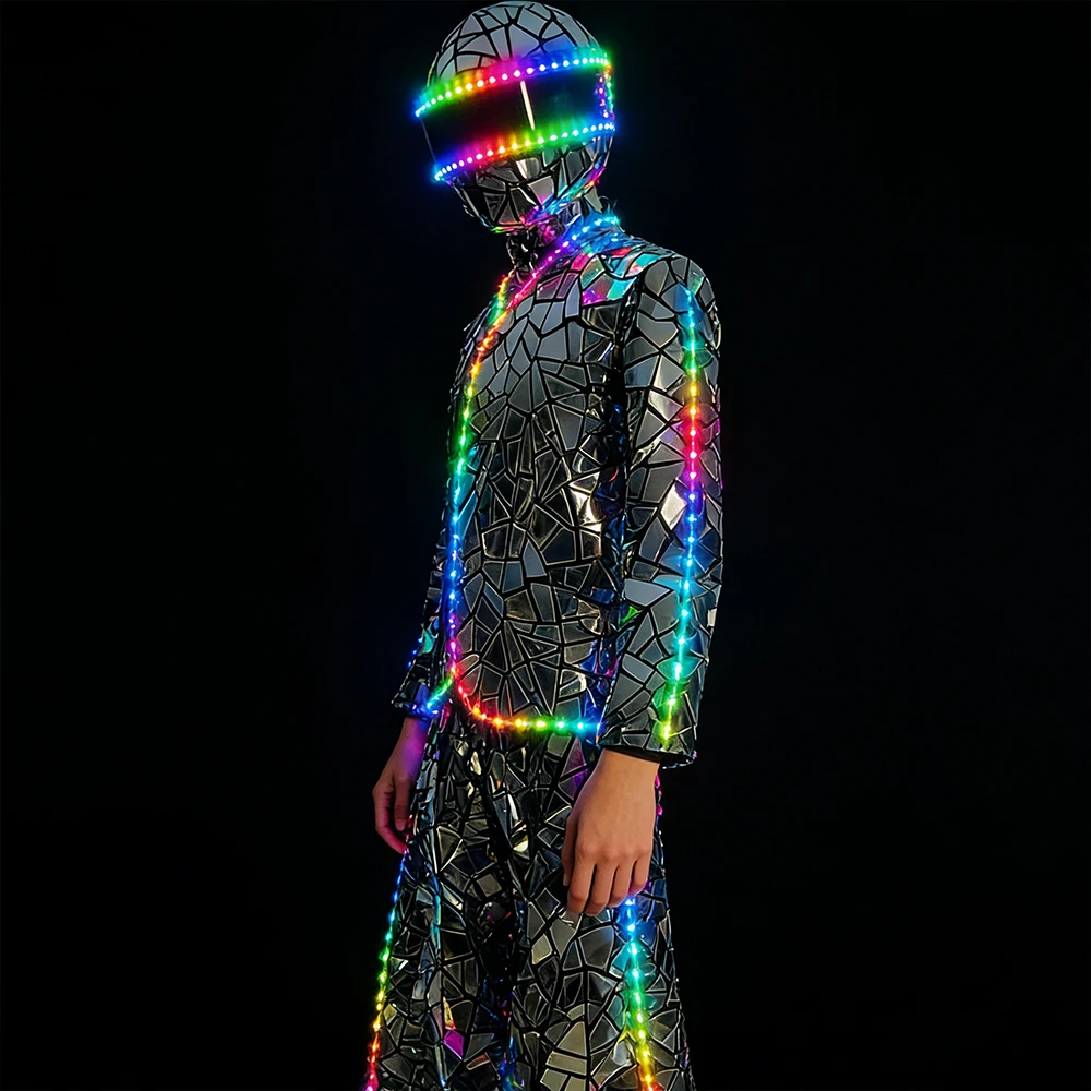 

LED Shiny Mirror Sequins Fabric Suits Stage Show DJ Dancing Kryoman Giant Clothing Robot Stilts Walker Costume