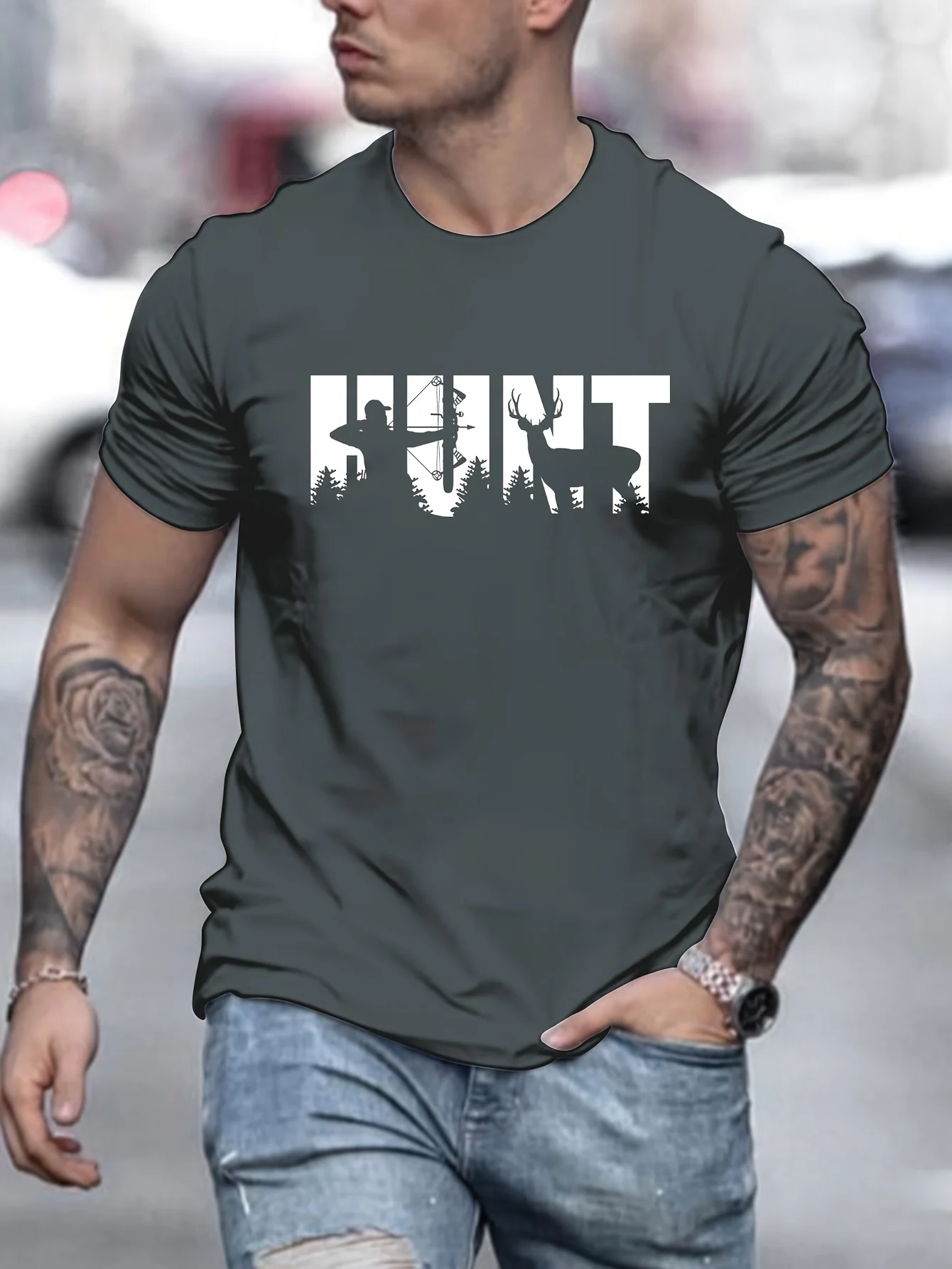 

Men's summer 100% pure cotton fashionable casual loose hunter hunting pattern printed round neck short sleeved T-shirt top