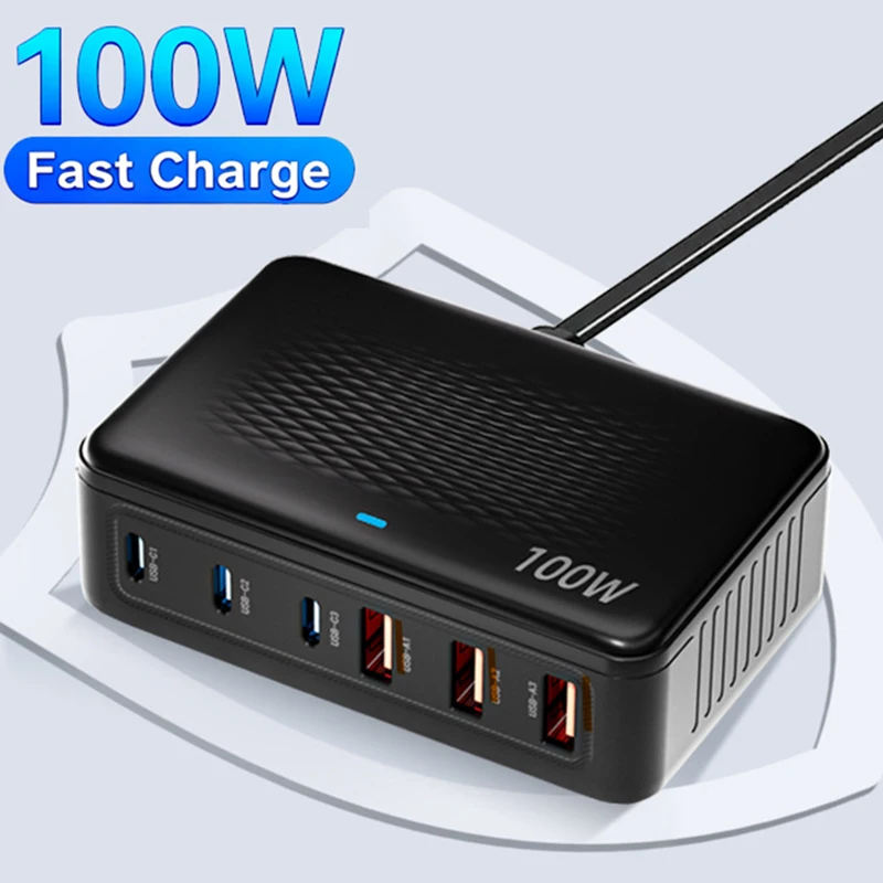 

100W USB Type C Charger 6-ports Fast Charging GaN Charger Portable Desktop Power Station For iPhone 17 16 Pro Max Xiaomi Samsung