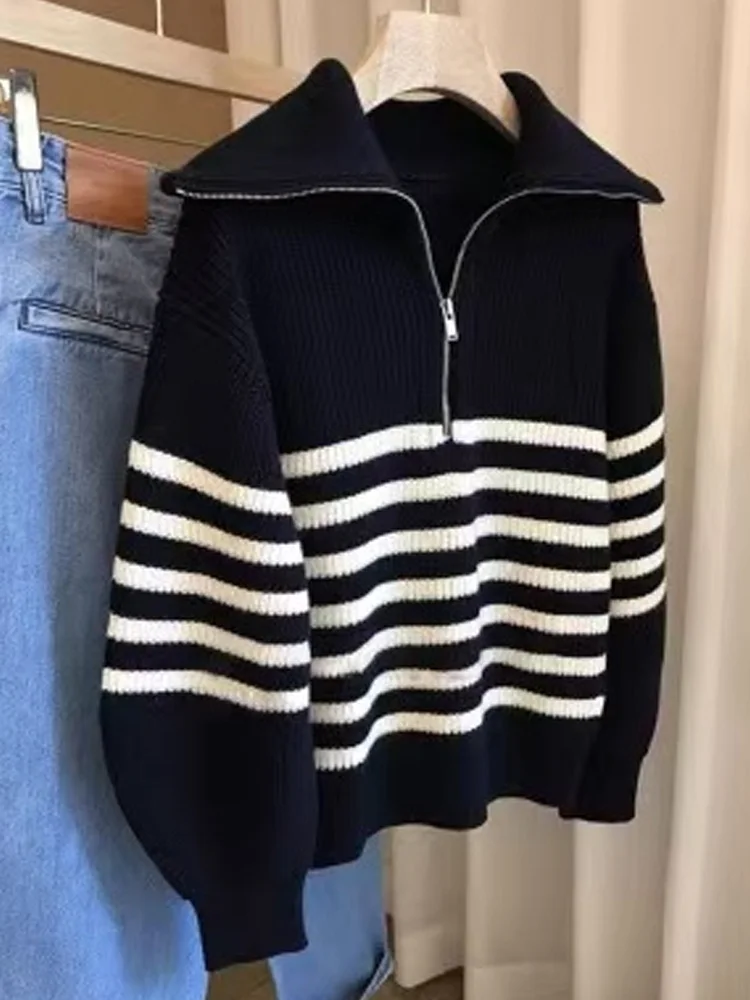 Nova moda listrado pullovers de malha blusas femininas outono inverno manga longa outwear elegante senhora do escritório roupas de inverno