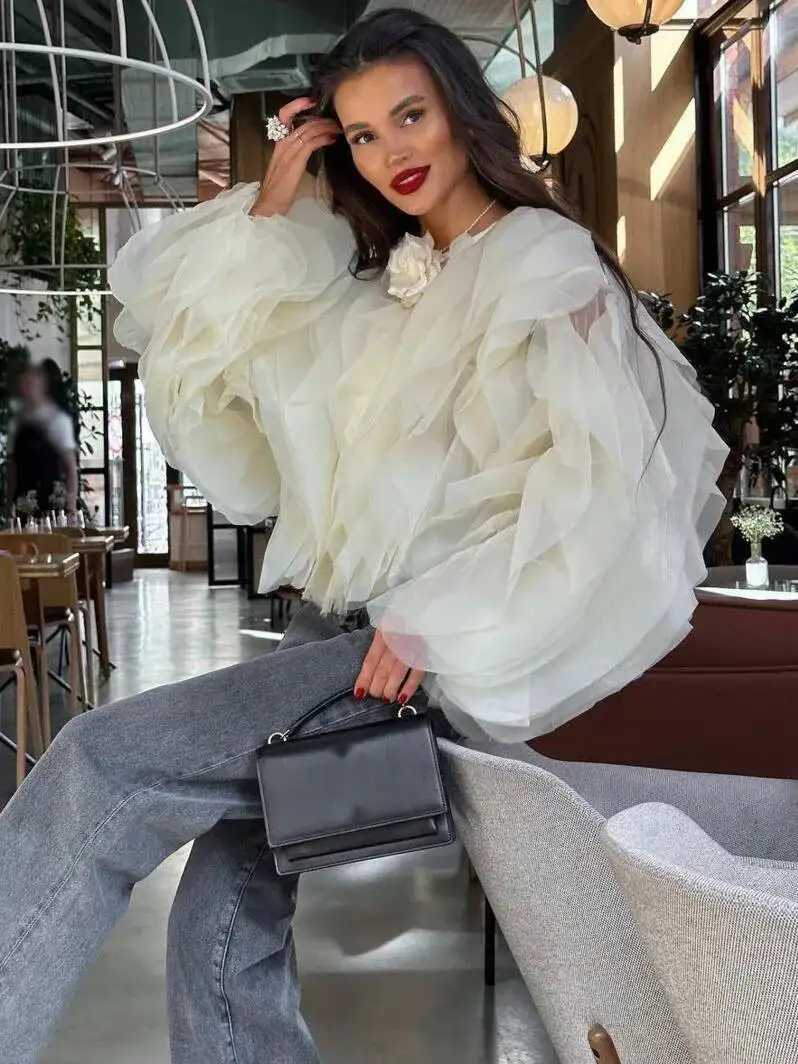 

Vintage Patchwork Ruffle Shirt For Women O Neck Lantern Long Sleeve Solid Elegant Blouse Female Fashion New Fashion Korean PO7S