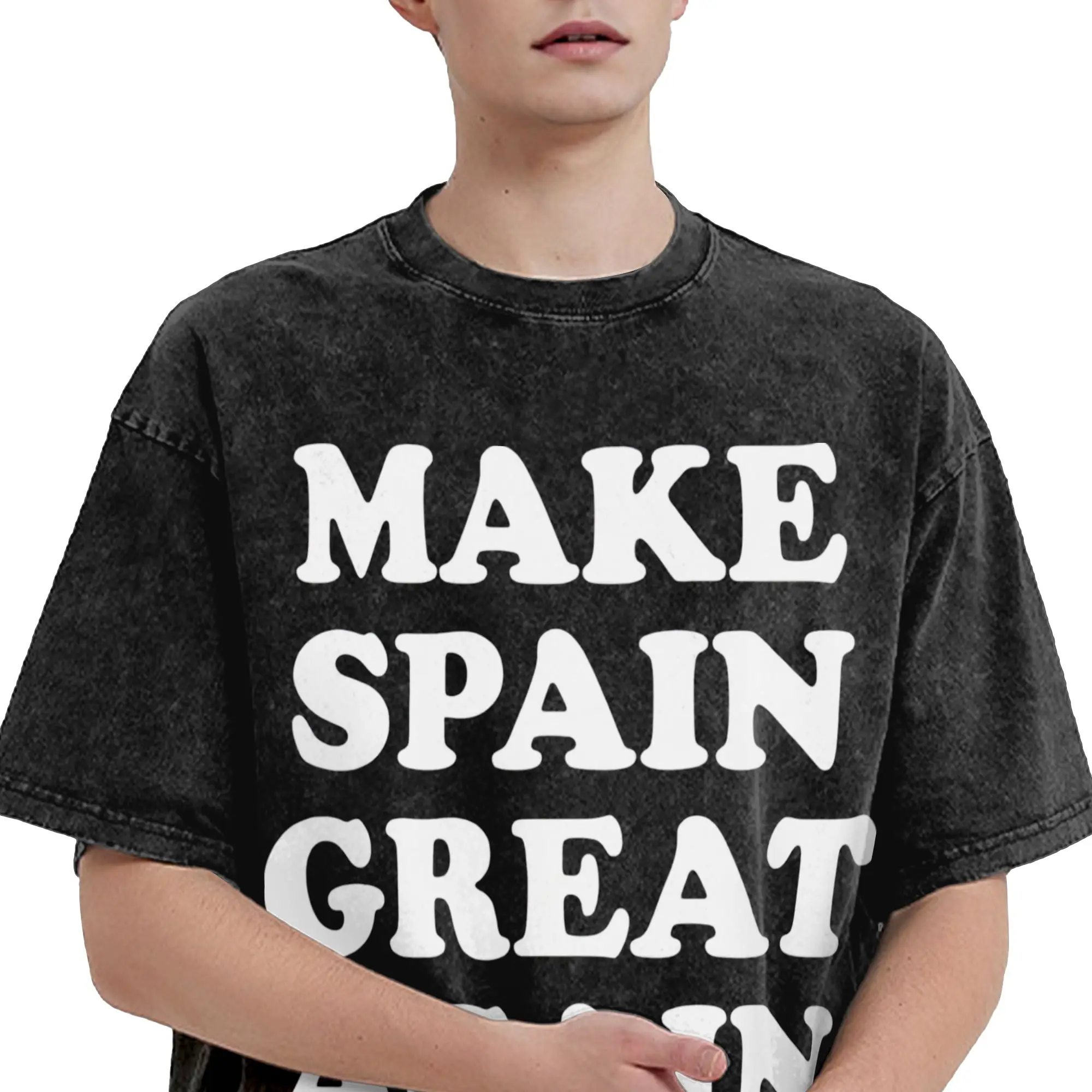 Funny Make Spain Great Again Funny Vintage Washed T-Shirt Men's 100%Cotton Short Sleeve  O-neck Summer Tops