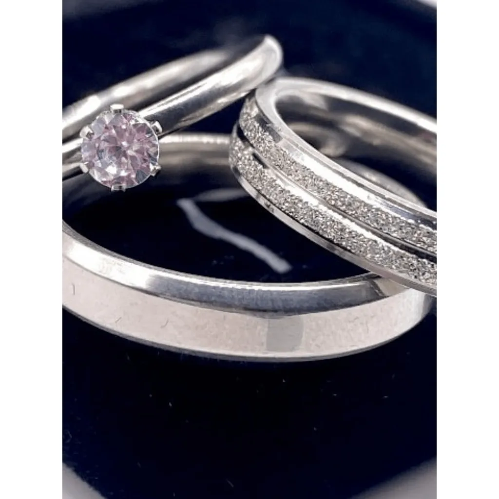 Couple of Valentine's Wedding Ring Shiny Silver Diamond and Ben + Thin Lonely Ring