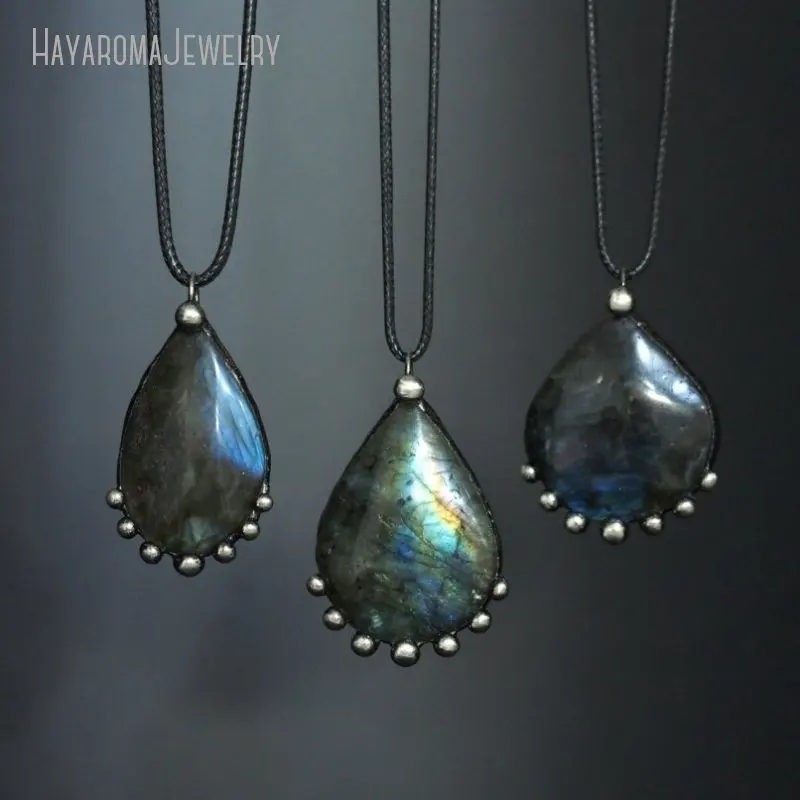 

10Pcs Teardrop Labradorite Pendant Necklace Goth Grunge Wicca Y2k Jewelry Boho Gothic Jewelry Women Emo Collares