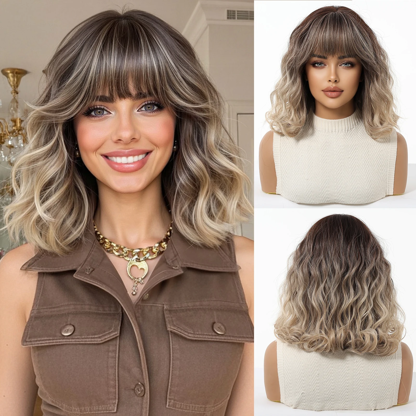 

HENRY MARGU Короткий коричневый блондин с бликами Волнистый синтетический парик с челкой для женщин Ежедневное использование для вечеринок Термостойкие искусственные волосы