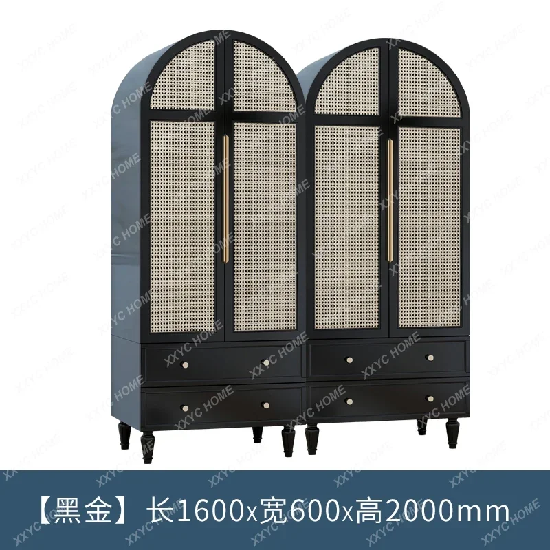 AA rattan simple solid wood bedroom clothing storage arched double door wardrobe hotel furniture