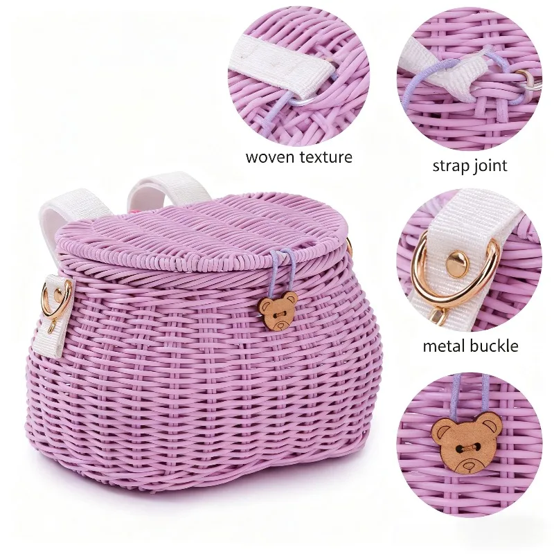 

Cute Bear Charm Woven Kids Backpack Mini Rattan Straw Bag for Girls Fashion Toddler Shoulder Bag for Travel Daily Use