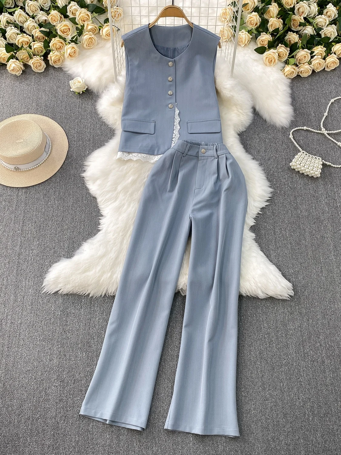 

Korean Design Summer 2025 Lace Splicing Tank Top High Waist Casual Two-Piece Set Slimming Wide Leg Pants Faion Ensemble