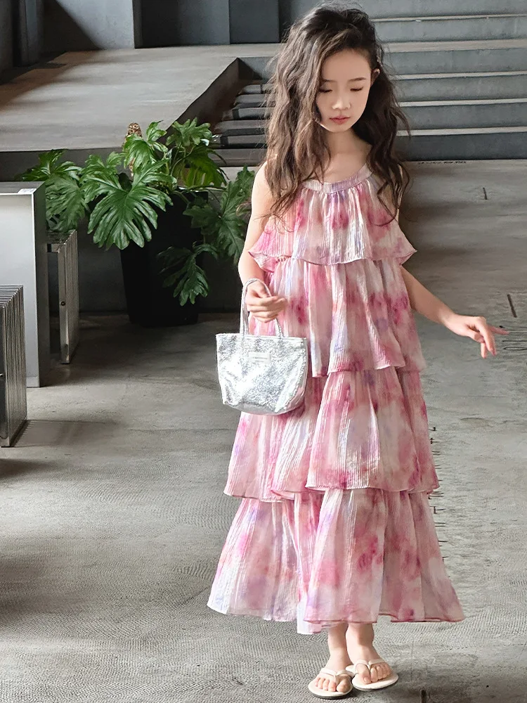 

Girls' Summer Dress 2025 New Style Children's Stylish Tie-dye Cake Dress Summer Large-sized Children's Halter Princess Dress